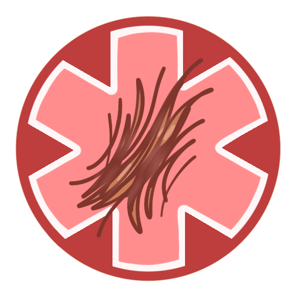 a red circle with a large medical alert asterisk inside it, and a small pile of brown fur pictured in the center.